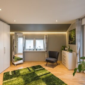 Modernes Schlafzimmer mit großem Kleiderschrank, grünem Teppich und Zimmerpflanzen.